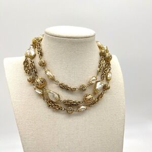 Vintage Triple Strand Gold Filigree Faux Pearl Tiered Necklace 14-17 Inch